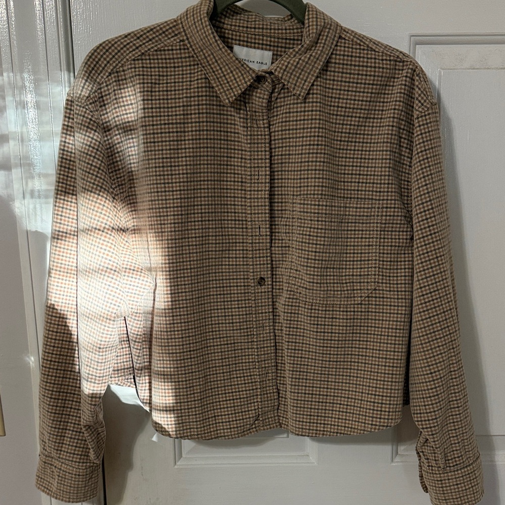 American Eagle Outfitters Tan Checkered Button Down Shirt